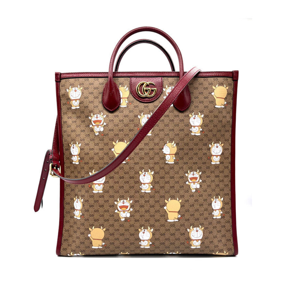 Gucci Doraemon Leather 2Way Shoulder Bag Bordeaux Purple Beige